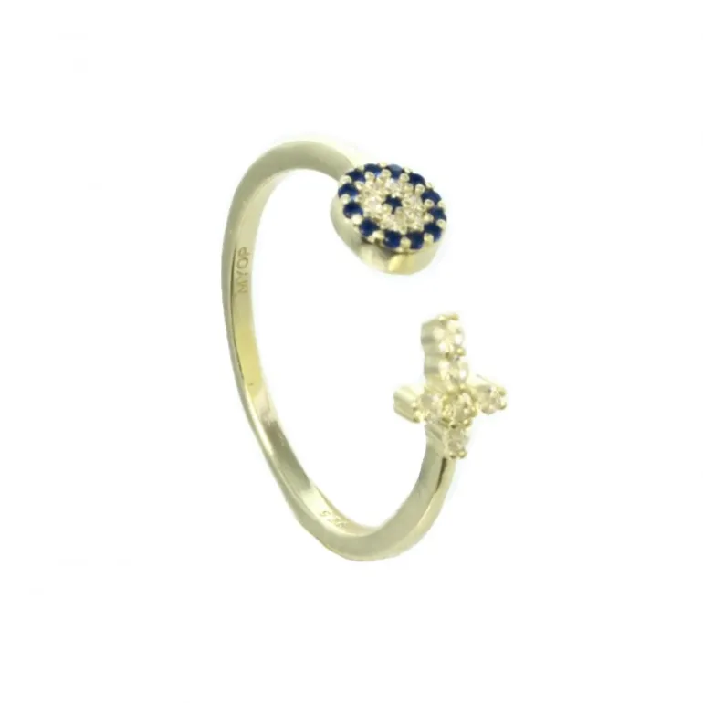 Palais du Rosaire Bague réglable en argent doré avec une croix et un zircon bleu^ Bague Argent