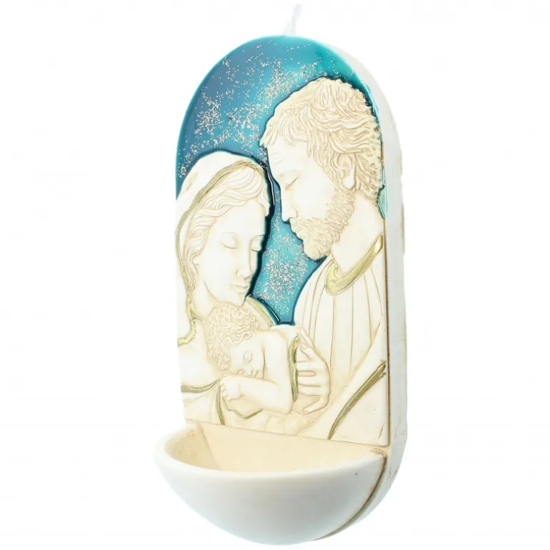 Palais du Rosaire Bénitier de la Sainte Famille en résine avec fond bleu 15cm^ Bénitier