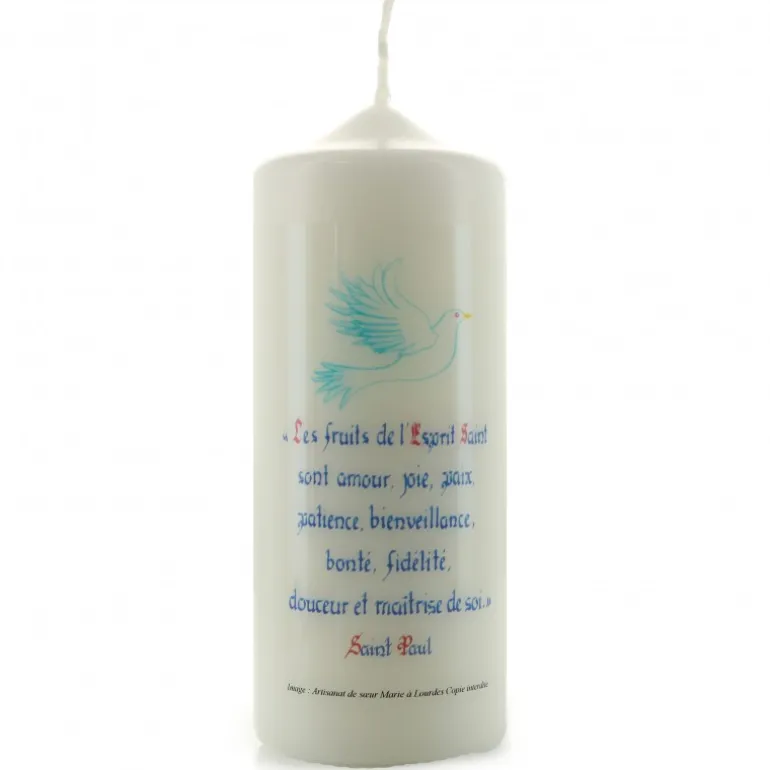 Palais du Rosaire Bougie blanche avec citation les Fruits de l'Esprit 15x6cm^ Bougie De Dévotion