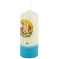 Palais du Rosaire Bougie blanche et bleu de l'Apparition de Lourdes 5x11cm^ Bougie De Dévotion