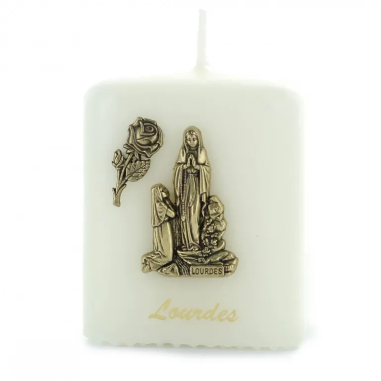 Palais du Rosaire Bougie cubique avec l'Apparition de Lourdes en métal doré^ Bougie De Dévotion