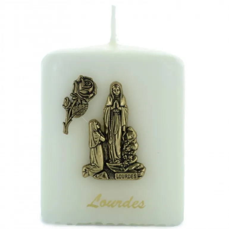 Palais du Rosaire Bougie cubique avec l'Apparition de Lourdes en métal doré^ Bougie De Dévotion