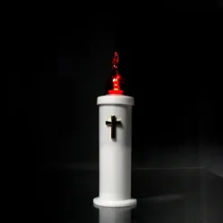 Palais du Rosaire Bougie LED avec croix dorée et flamme rouge^ Bougie Électrique