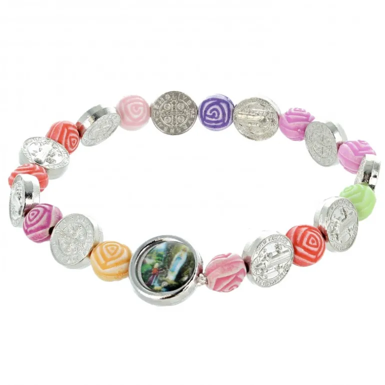 Palais du Rosaire Bracelet avec grains multicolor et médaille de Saint Benoît^ Bracelet Fantaisie