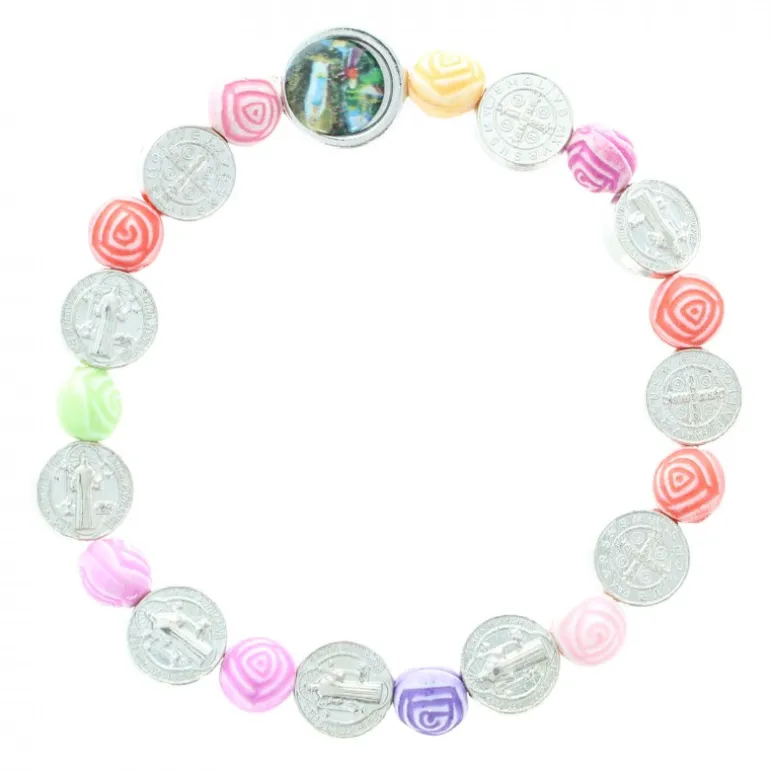 Palais du Rosaire Bracelet avec grains multicolor et médaille de Saint Benoît^ Bracelet Fantaisie