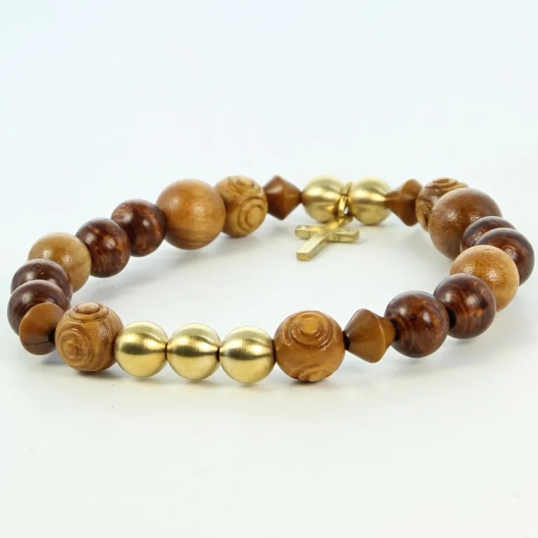 Palais du Rosaire Bracelet bois, laiton et croix dorée^ Bracelet Fantaisie