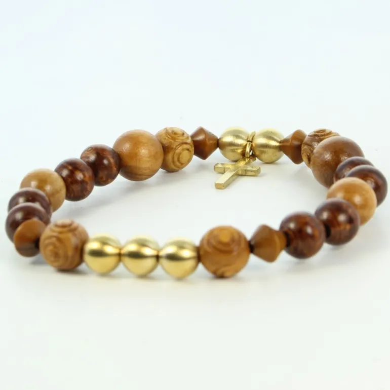 Palais du Rosaire Bracelet bois, laiton et croix dorée^ Bracelet Fantaisie