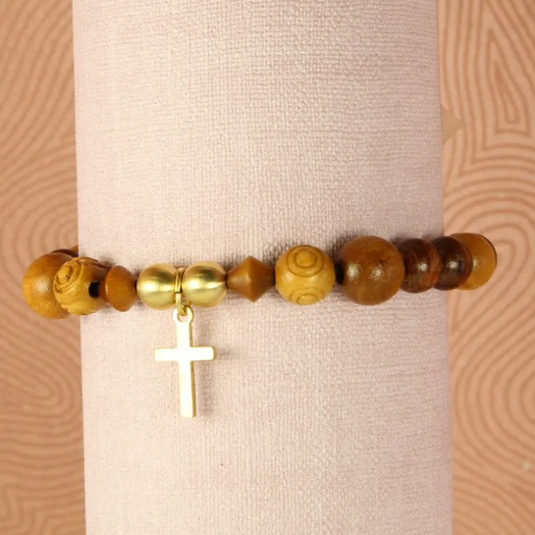 Palais du Rosaire Bracelet bois, laiton et croix dorée^ Bracelet Fantaisie