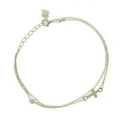 Palais du Rosaire Bracelet chaine double avec croix et perle de nacre en argent doré^ Bracelet Argent