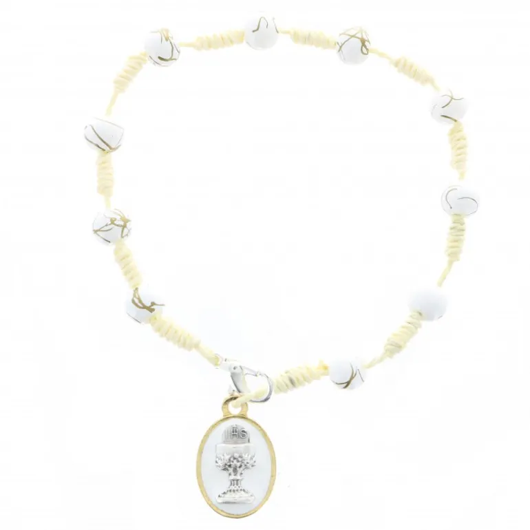 Palais du Rosaire Bracelet de Communion sur corde avec perles blanches^ Bracelet Dizainier