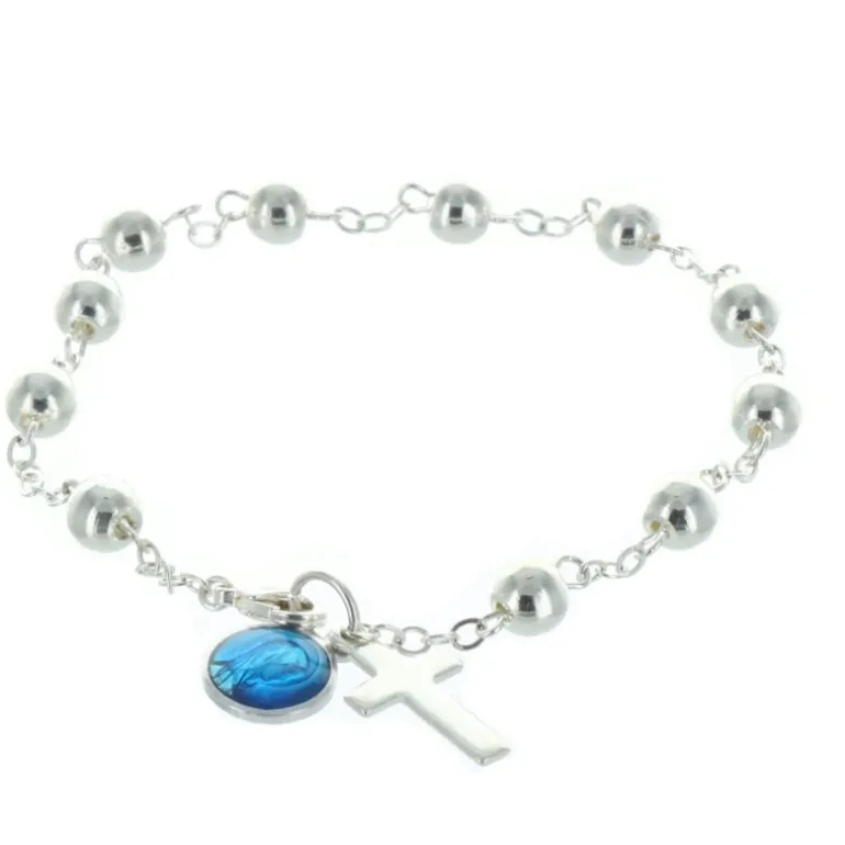 Palais du Rosaire Bracelet dizainier de Lourdes plaqué argent avec une croix et une médaille émaillée bleue de la Vierge^ Bracelet Argent