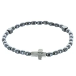 Palais du Rosaire Bracelet dizainier élastique grains hématite et croix argentée^ Bracelet Dizainier