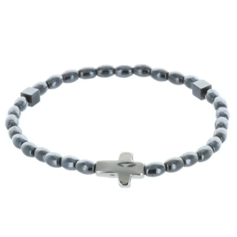 Palais du Rosaire Bracelet dizainier élastique grains hématite et croix argentée^ Bracelet Dizainier