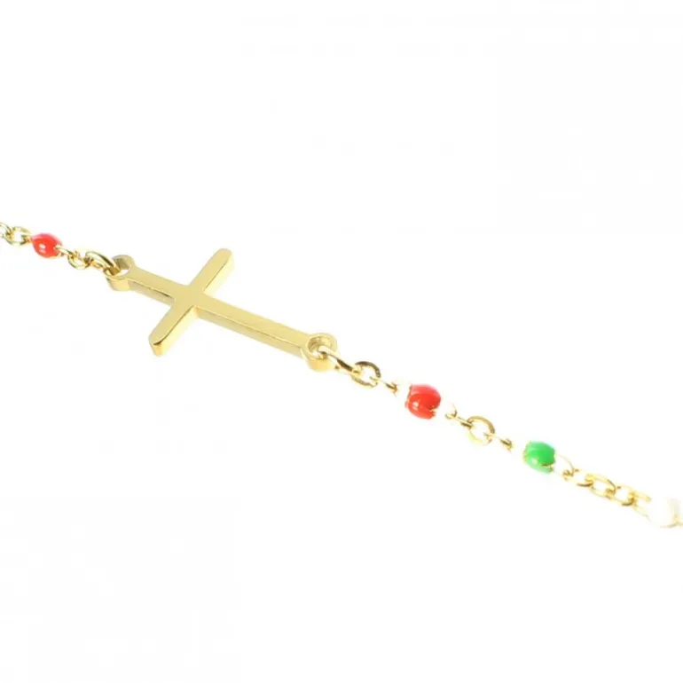 Palais du Rosaire Bracelet doré avec croix et perle multicolores^ Bracelet Fantaisie