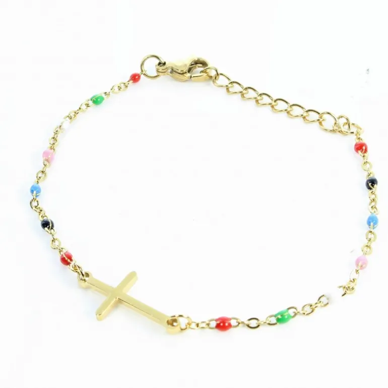 Palais du Rosaire Bracelet doré avec croix et perle multicolores^ Bracelet Fantaisie