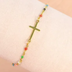 Palais du Rosaire Bracelet doré avec croix et perle multicolores^ Bracelet Fantaisie