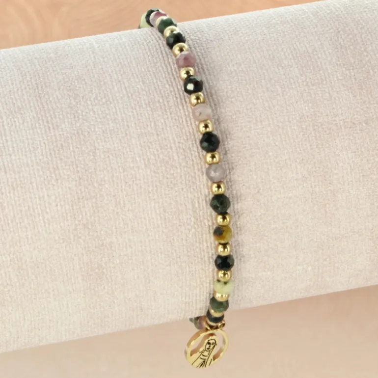 Palais du Rosaire Bracelet en acier doré avec perles de couleurs et médaille de la Vierge^ Bracelet Fantaisie