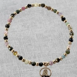 Palais du Rosaire Bracelet en acier doré avec perles de couleurs et médaille de la Vierge^ Bracelet Fantaisie