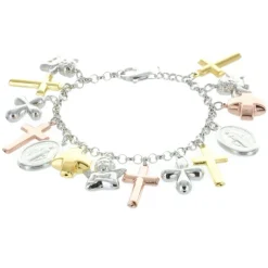 Palais du Rosaire Bracelet en Argent avec pendentifs croix et médailles religieuses^ Communion | Bracelet Argent