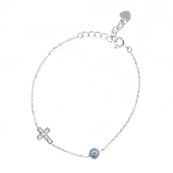 Palais du Rosaire Bracelet en argent avec une croix et un rond bleu et blanc avec strass^ Bracelet Argent