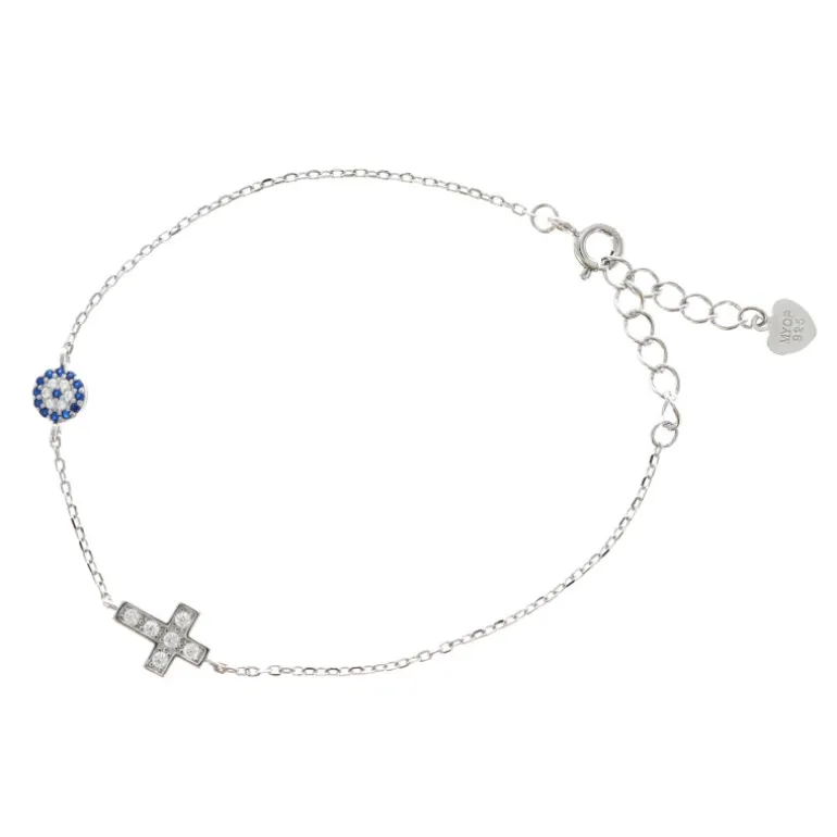 Palais du Rosaire Bracelet en argent avec une croix et un rond bleu et blanc avec strass^ Bracelet Argent