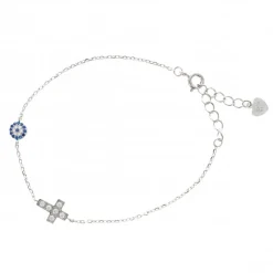 Palais du Rosaire Bracelet en argent avec une croix et un rond bleu et blanc avec strass^ Bracelet Argent