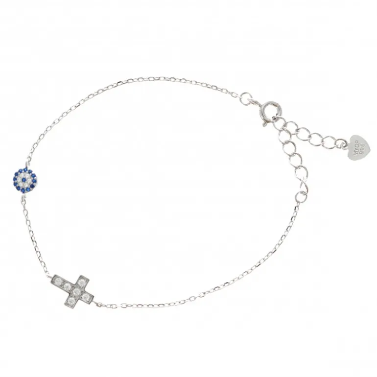 Palais du Rosaire Bracelet en argent avec une croix et un rond bleu et blanc avec strass^ Bracelet Argent