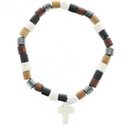 Palais du Rosaire Bracelet en bois, hématite et pierre avec croix^ Bracelet Dizainier