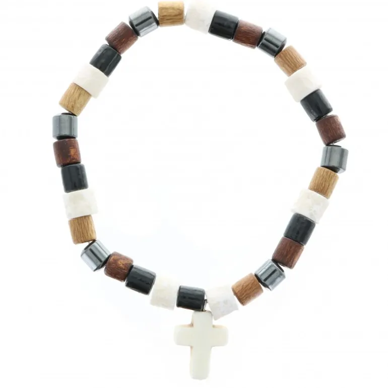 Palais du Rosaire Bracelet en bois, hématite et pierre avec croix^ Bracelet Dizainier