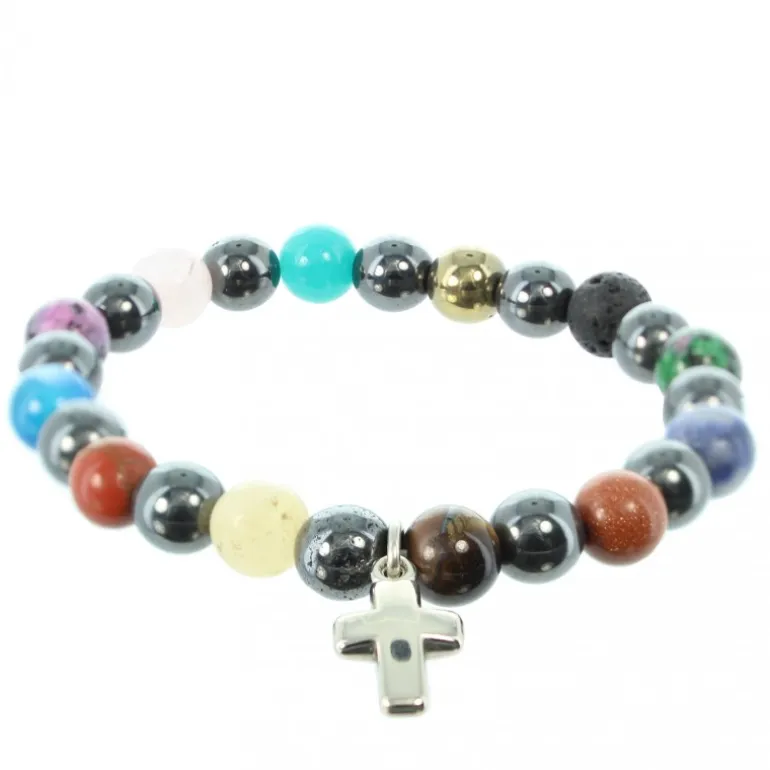 Palais du Rosaire Bracelet en différentes pierres naturelles d'Hématite avec croix^ Bracelet Fantaisie