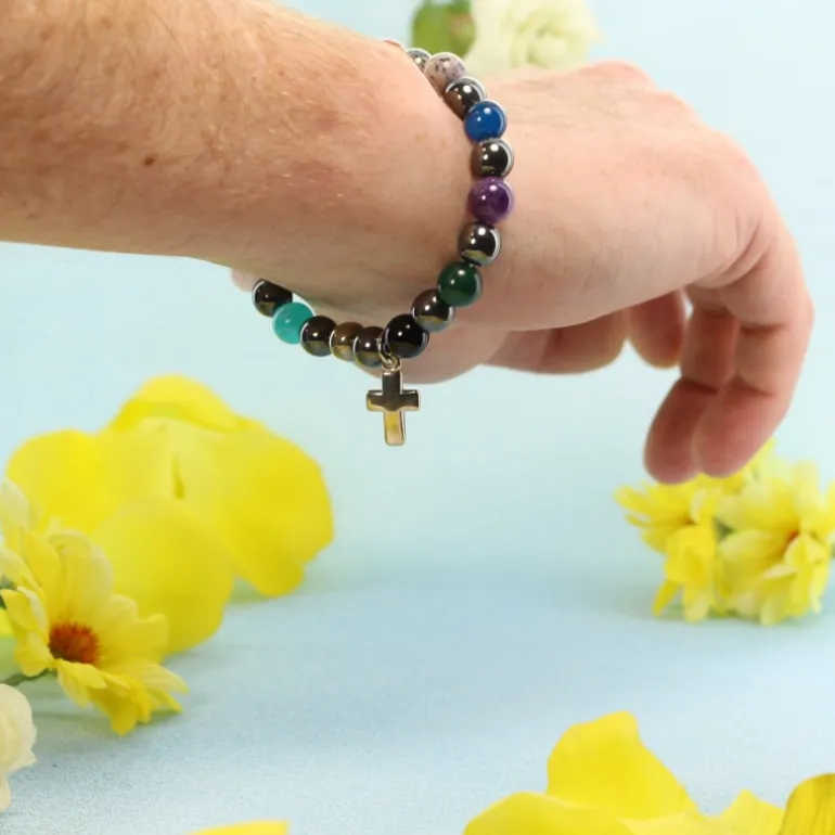 Palais du Rosaire Bracelet en différentes pierres naturelles d'Hématite avec croix^ Bracelet Fantaisie
