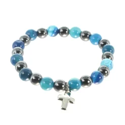 Palais du Rosaire Bracelet en hématite et agate bleue avec une croix en métal^ Bracelet Fantaisie