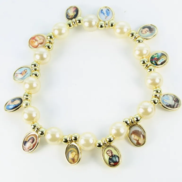 Palais du Rosaire Bracelet en perles nacrées avec 12 médailles^ Bracelet Fantaisie