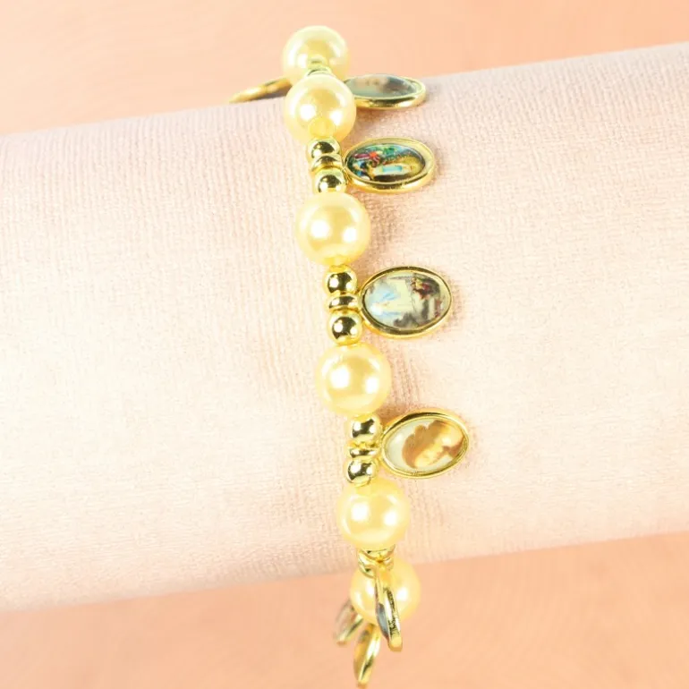 Palais du Rosaire Bracelet en perles nacrées avec 12 médailles^ Bracelet Fantaisie