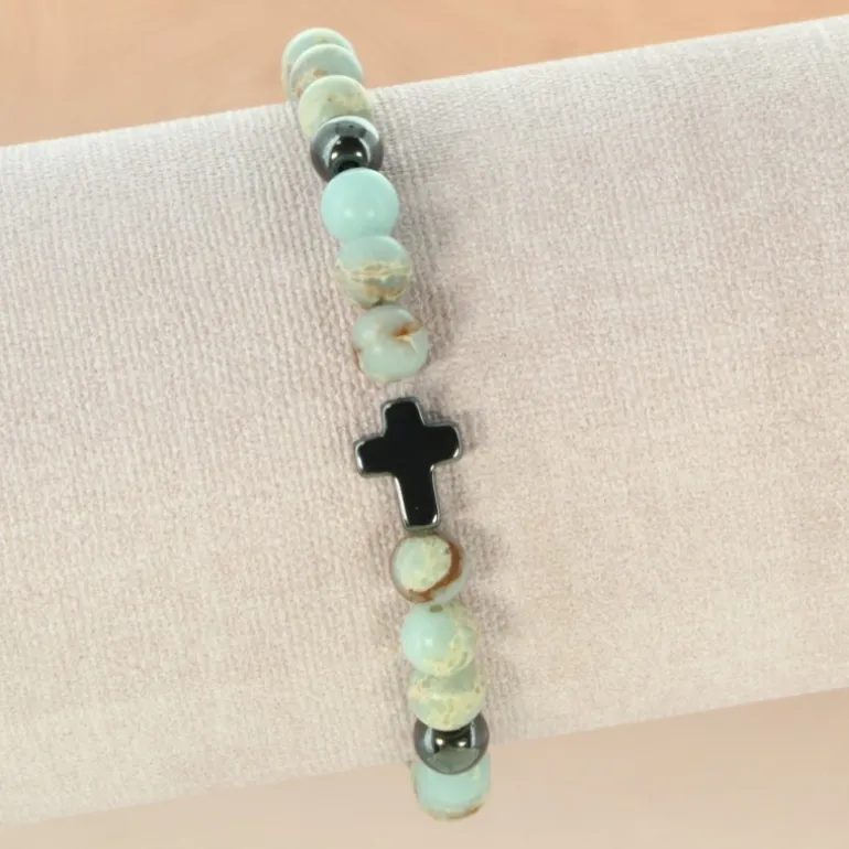 Palais du Rosaire Bracelet en pierre naturelle bleutée et croix en hématite^ Bracelet Fantaisie