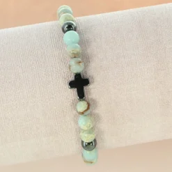 Palais du Rosaire Bracelet en pierre naturelle bleutée et croix en hématite^ Bracelet Fantaisie