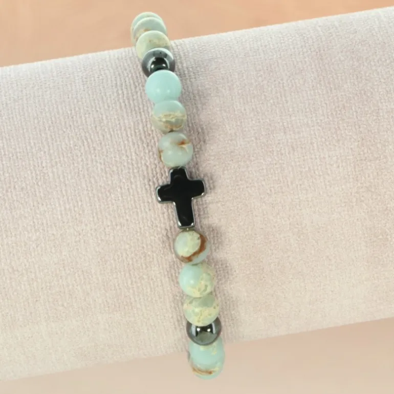 Palais du Rosaire Bracelet en pierre naturelle bleutée et croix en hématite^ Bracelet Fantaisie