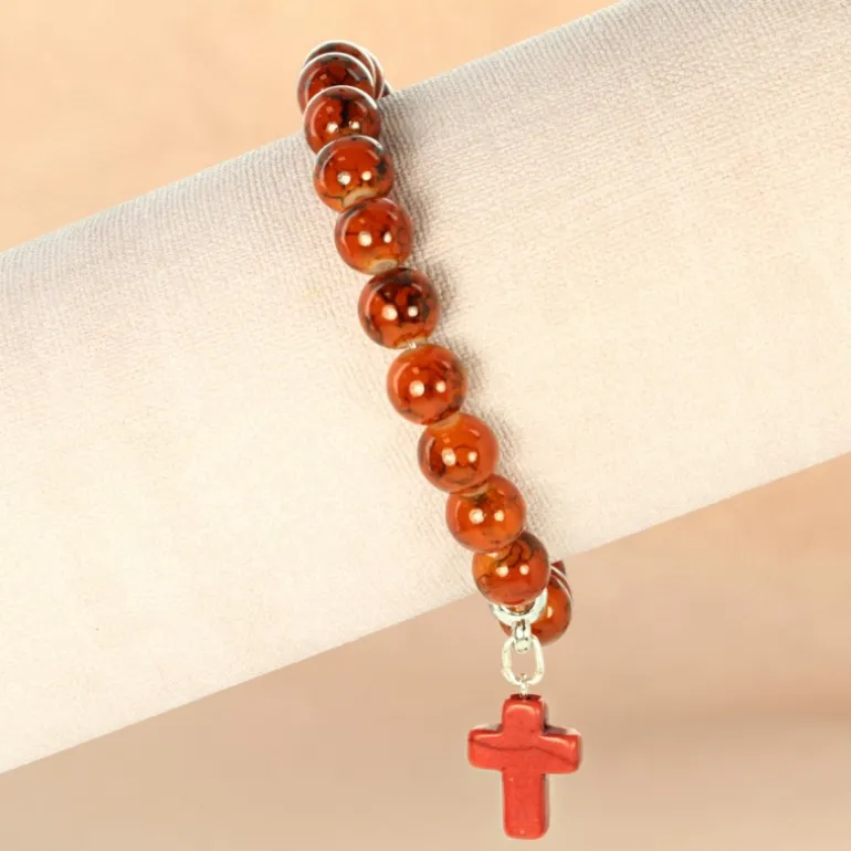 Palais du Rosaire Bracelet en pierres avec croix et image de l'Apparition de Lourdes^ Bracelet Fantaisie