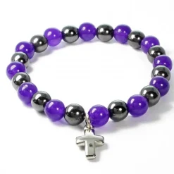 Palais du Rosaire Bracelet en pierres naturelles d'Hématite et Améthyste avec croix^ Bracelet Fantaisie