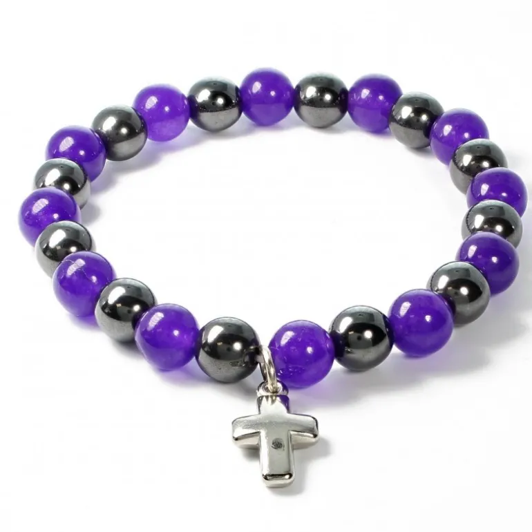 Palais du Rosaire Bracelet en pierres naturelles d'Hématite et Améthyste avec croix^ Bracelet Fantaisie