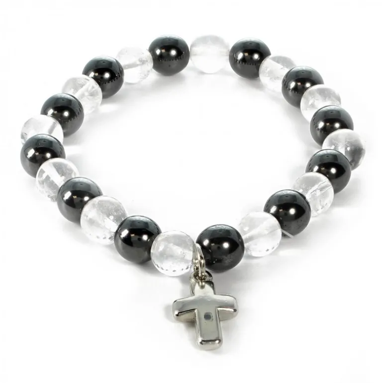 Palais du Rosaire Bracelet en pierres naturelles d'Hématite et Cristal avec croix^ Bracelet Fantaisie