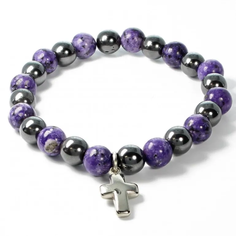 Palais du Rosaire Bracelet en pierres naturelles d'Hématite et Charoïte avec croix^ Bracelet Fantaisie