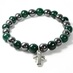 Palais du Rosaire Bracelet en pierres naturelles d'Hématite et Agate verte avec croix^ Bracelet Fantaisie