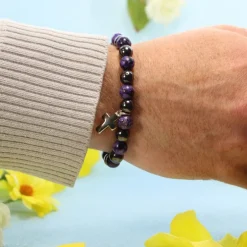 Palais du Rosaire Bracelet en pierres naturelles d'Hématite et Charoïte avec croix^ Bracelet Fantaisie