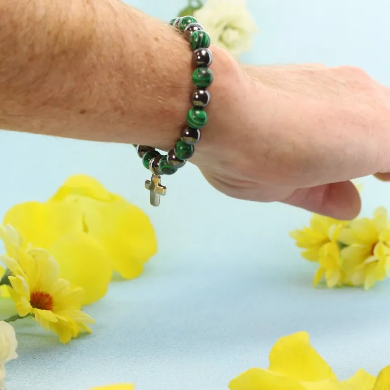 Palais du Rosaire Bracelet en pierres naturelles d'Hématite et Malachite avec croix^ Bracelet Fantaisie