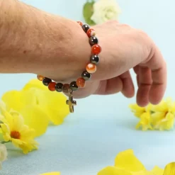 Palais du Rosaire Bracelet en pierres naturelles d'Hématite et Cornaline avec croix^ Bracelet Fantaisie