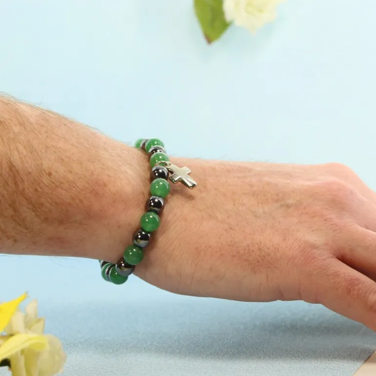 Palais du Rosaire Bracelet en pierres naturelles d'Hématite et Aventurine avec croix^ Bracelet Fantaisie