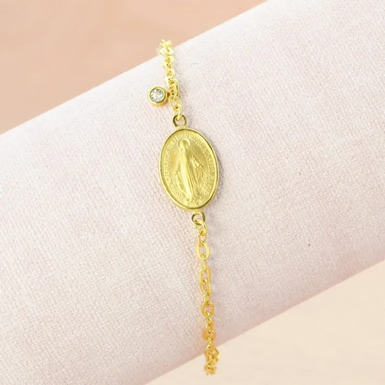 Palais du Rosaire Bracelet en Plaqué Or avec médaille Miraculeuse de la rue du Bac et un strass^ Bracelet Plaqué Or