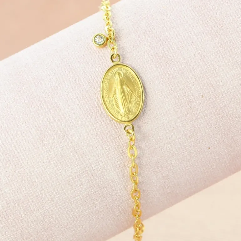 Palais du Rosaire Bracelet en Plaqué Or avec médaille Miraculeuse de la rue du Bac et un strass^ Bracelet Plaqué Or