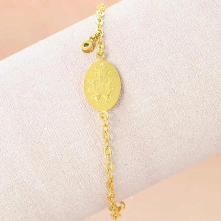 Palais du Rosaire Bracelet en Plaqué Or avec médaille Miraculeuse de la rue du Bac et un strass^ Bracelet Plaqué Or